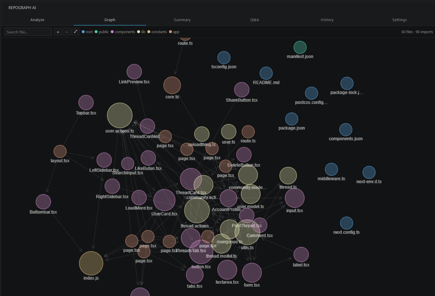MapMyCode showing an interactive force-directed dependency graph of a codebase inside VS Code